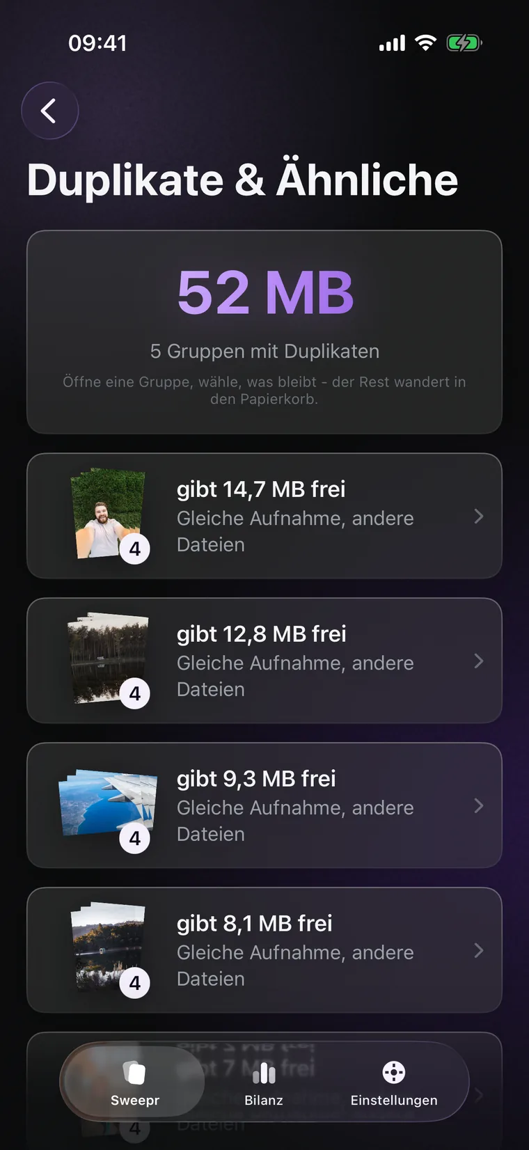 „Duplikate & Ähnliche“: Gruppen derselben Aufnahme, jede mit dem Speicher, den sie freigibt