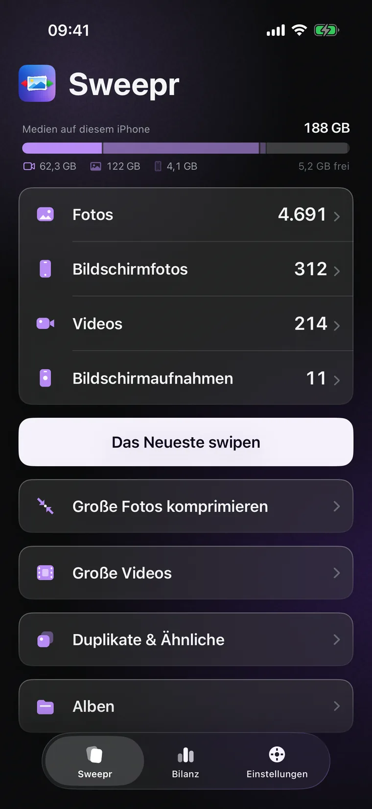 Der Startbildschirm: wie viel die Medien belegen, Zeilen für Fotos, Bildschirmfotos, Videos und Bildschirmaufnahmen und Bereiche für große Fotos, große Videos, Duplikate und Alben