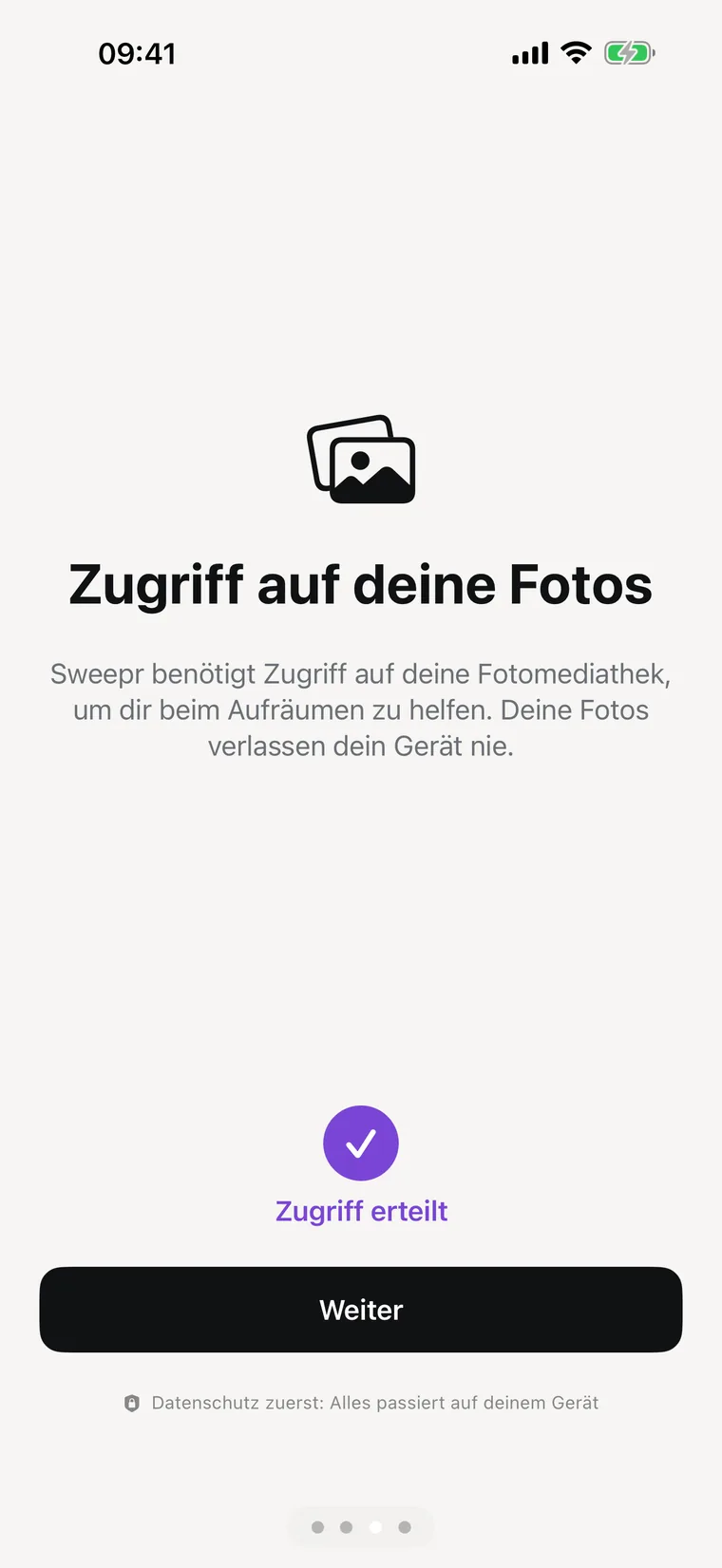 Die Abfrage des Fotozugriffs mit dem Hinweis, dass nichts das Gerät verlässt