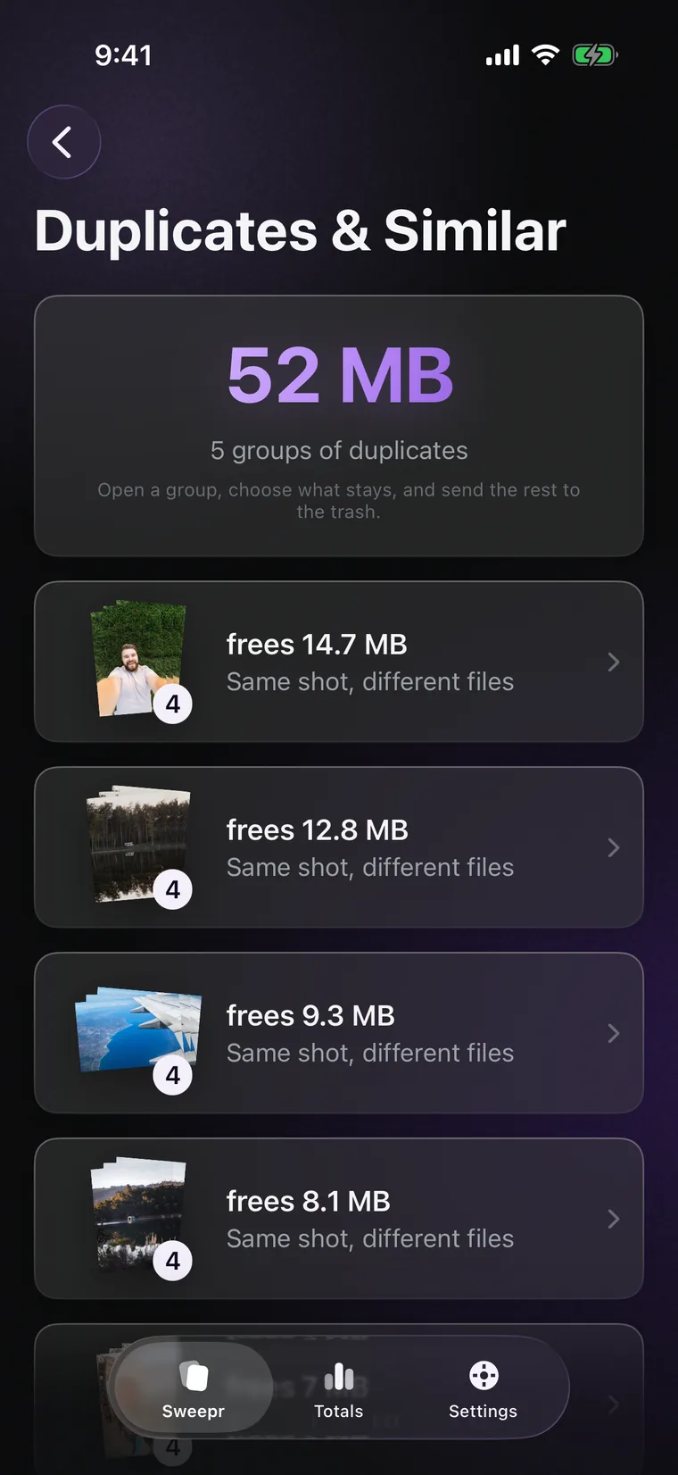 Duplicates & Similar: groups of the same shot, each showing how much space it frees