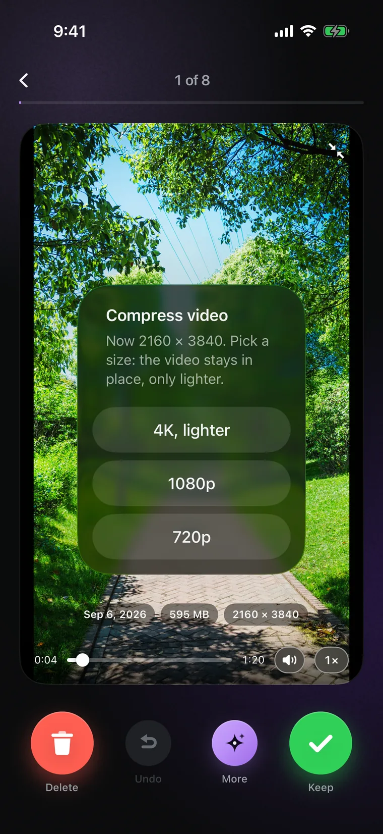 A video card with the size picker open: 4K lighter, 1080p and 720p