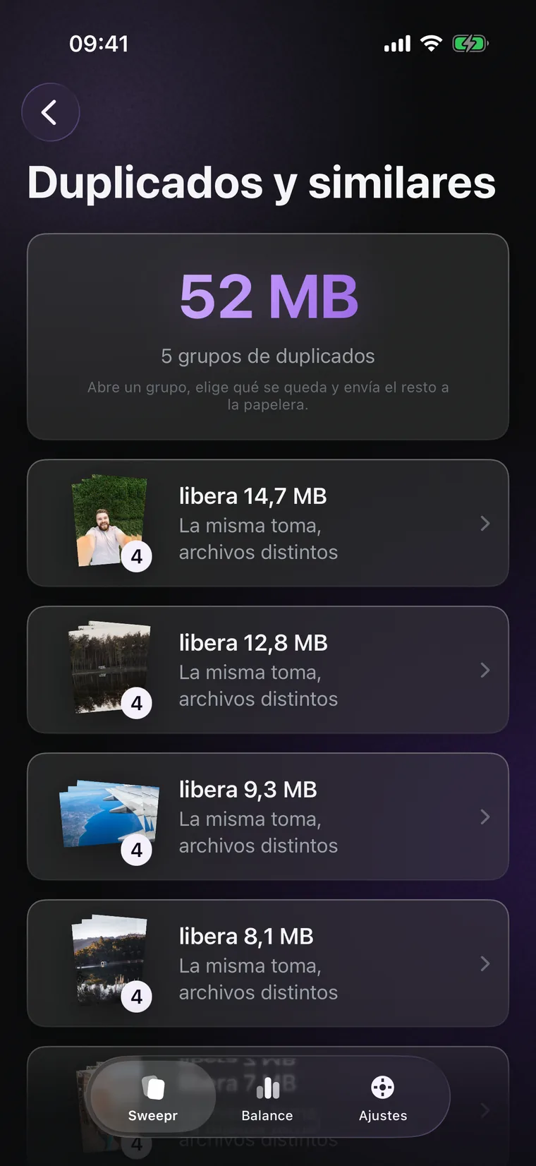«Duplicados y similares»: grupos de la misma toma, cada uno con el espacio que libera