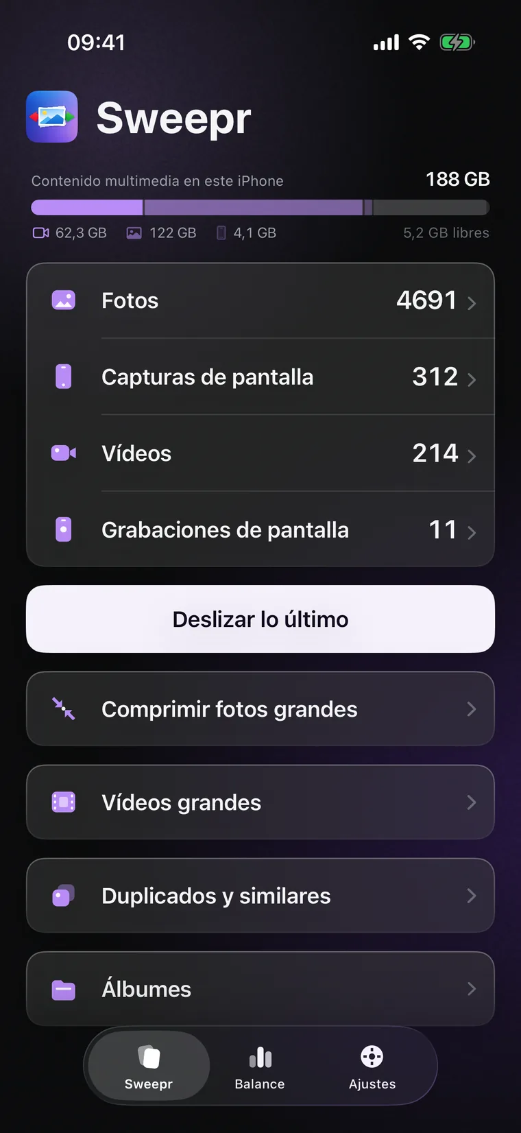La pantalla de inicio: cuánto ocupa el contenido, filas para Fotos, Capturas de pantalla, Vídeos y Grabaciones de pantalla, y secciones de fotos grandes, vídeos grandes, duplicados y álbumes