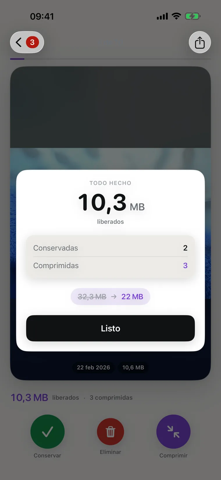 El resumen al final de una sesión, con el espacio recuperado