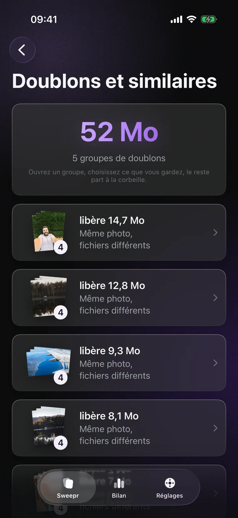 « Doublons et similaires » : des groupes de la même prise de vue, chacun avec l’espace qu’il libère