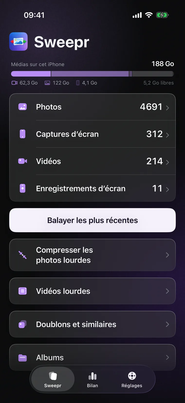 L’écran d’accueil : la place prise par les médias, les lignes Photos, Captures d’écran, Vidéos et Enregistrements d’écran, et les sections photos lourdes, vidéos lourdes, doublons et albums
