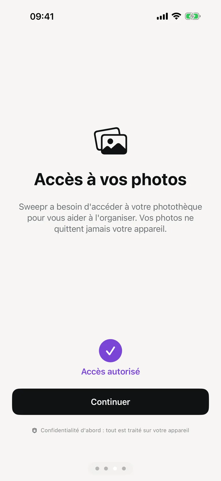 L’écran d’autorisation, qui explique que rien ne quitte l’appareil