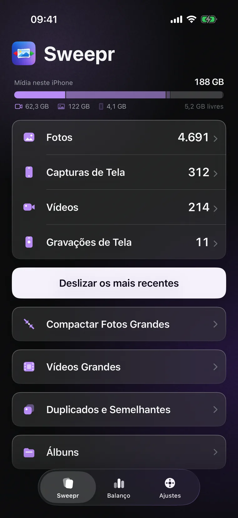 A tela inicial: quanto a mídia ocupa, linhas para Fotos, Capturas de Tela, Vídeos e Gravações de Tela, e seções de fotos grandes, vídeos grandes, duplicados e álbuns