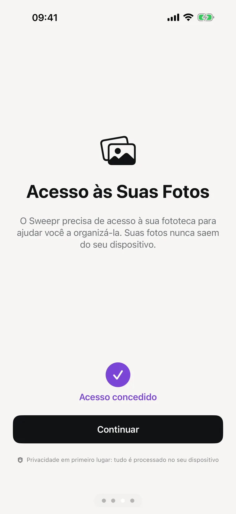 A tela de permissões, explicando que nada sai do aparelho