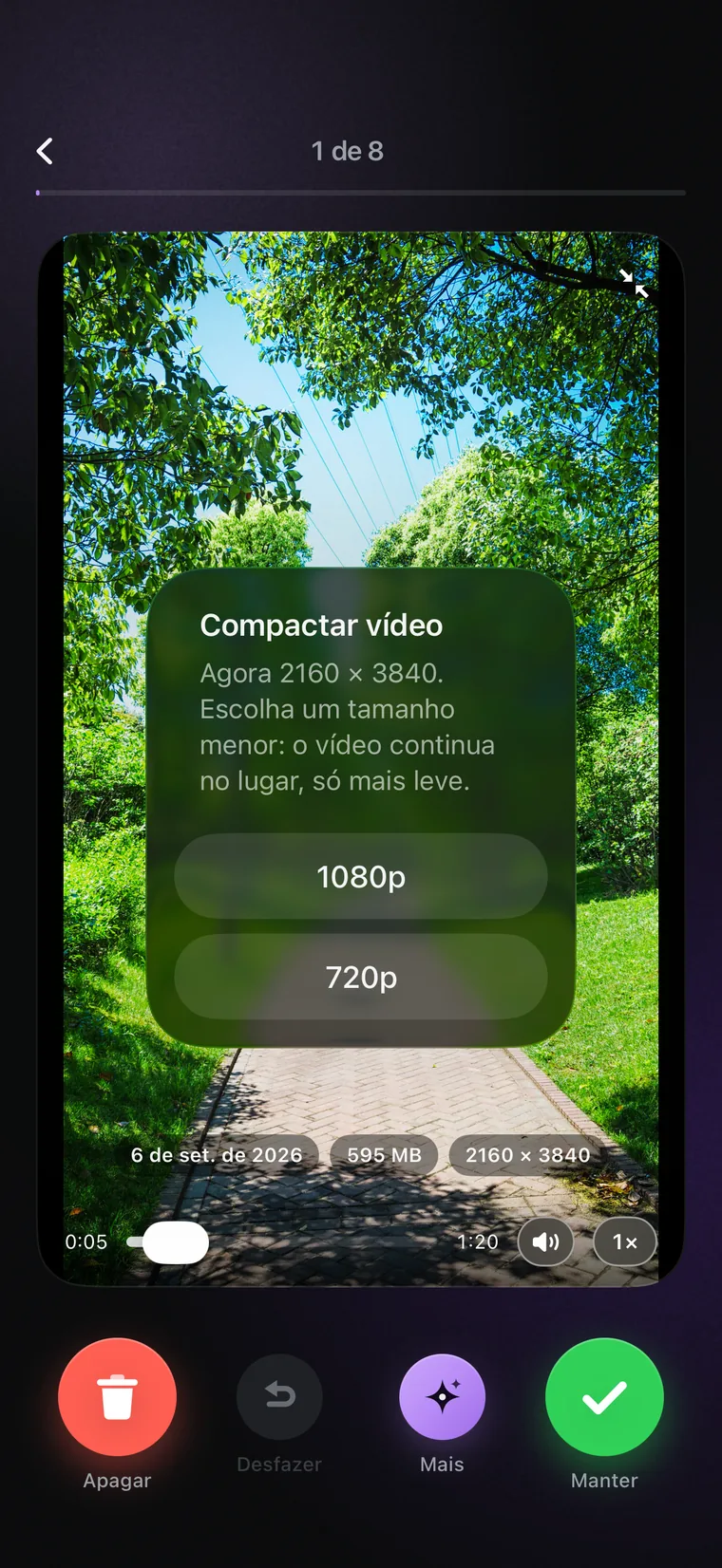 Um cartão de vídeo com a escolha de tamanho aberta: 4K mais leve, 1080p e 720p